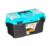 Plastic Tool Box With Upper Compartments And Internal Movable Drawers, Turquoise Color, 17 Inches, S...