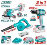 Total Cordless Set Drill 60Nm, 4.5" Angle Grinder And Blower