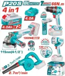 TOTAL Drill, Angle Grinder, Work Light & Blower Combo Kit With 2 Battery 4Ah And Charger
